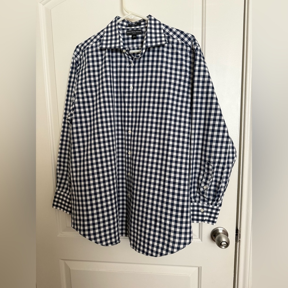 Saks Fifth Avenue blue and white gingham checked button down shirt holiday party